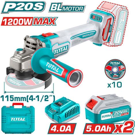 SMERIGLIATRICE ANGOLARE 115mm 20V + 2BATTERIA 5Ah + 10 DISCHI PER METALLO TOTAL