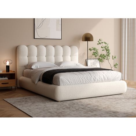 Deco In Paris – Lit double en tissu bouclette beige 180x200cm – Sommier à lattes intégré – Tête de lit enveloppante – Design moderne et cosy (1/5)