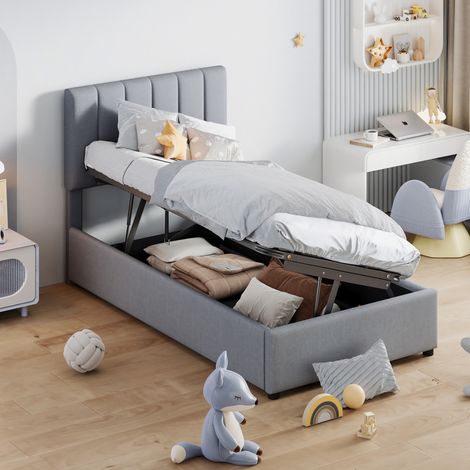 Letto singolo imbottito 90x200 cm, tessuto in lino, letto contenitore con testiera regolabile, sistema di sollevamento idraulico, telaio letto, rete a doghe, letto per ragazzi, grigio (1/5)