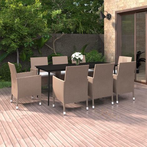 9-tlg. Garten-Essgruppe mit Kissen Poly Rattan und Glas (1/5)