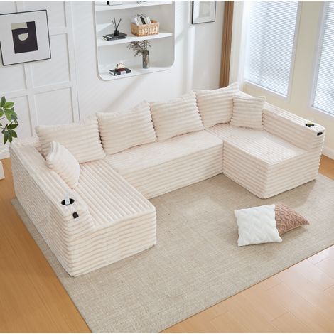 Canapé modulable en U 320x155x88 cm beige en velours côtelé avec porte-gobelet et poche latérale (1/5)