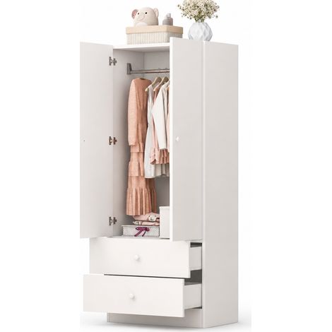 Armadio guardaroba bianco 70 x 40 x 170 cm con appendiabiti e 2 cassetti HOMVRA (1/5)