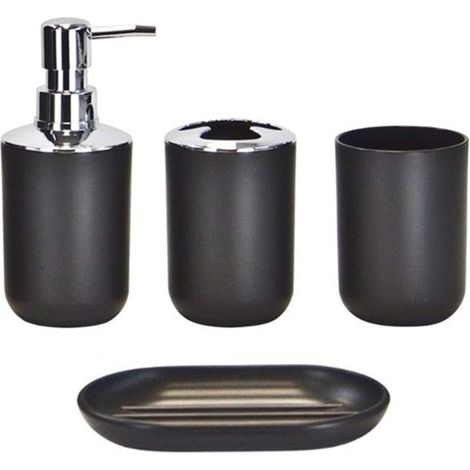 Ensemble d'accessoires de salle de bain au design moderne, 4 pièces, bouteilles de lotion, porte-brosse à dents, tasse à dents, porte-savon, noir (1/2)