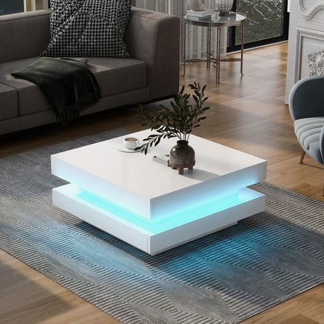 Table basse blanche carrée 70x70x36cm avec LED Bluetooth, design technologique moderne, capacité 45kg, multifonction pour salon contemporain et élégant (1/5)