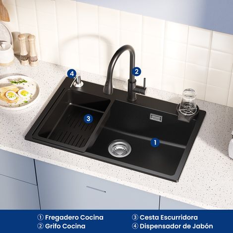 Fregadero de cocina de granito de 70 x 45 cm con grifo extraíble de dos funciones, escurridor y dispensador de jabón. Ideal para armarios de más de 80 cm