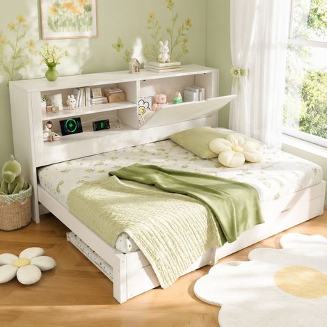 Letto estraibile 140x190 cm in legno bianco con contenitore e USB, senza materasso - FLORAGRACE (1/5)