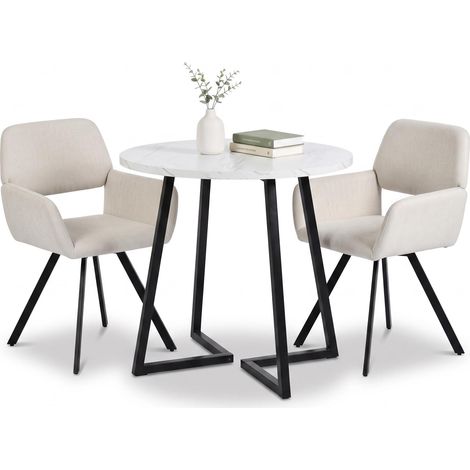 FurnitureR Essgruppe 2 Personen Ø80cm MDF Marmoroptik mit 2 Armlehnstühlen Runder Esstisch mit zwei drehbaren Polsterstühlen und Armlehnen – komfortabel für moderne Wohnräume (1/5)