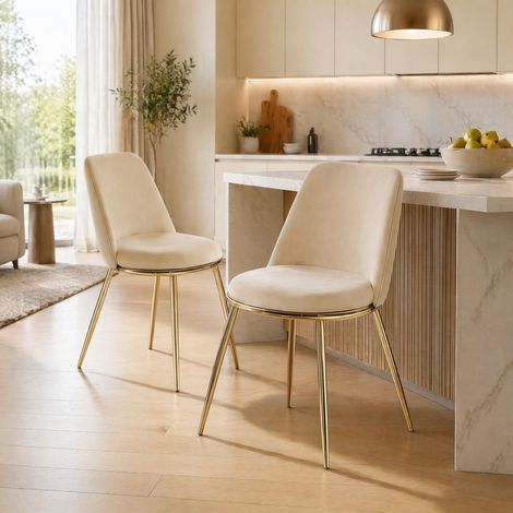 Lot de 2 chaises de salle à manger en velours, pieds métal doré, blanc crème HAVRYA (1/5)