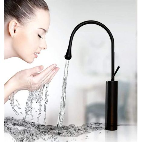 Waterfall basin faucet, hot and cold water bathroom faucet, tall waterfall basin faucet, black (1/4)