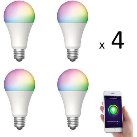 Lot de 4 ampoules LED connectées, E27, 8,5 W, 800 lm, RVB, Wi-Fi 2,4 GHz, pour éclairage intérieur intelligent