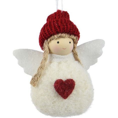Kaemingk – Suspension de Noël ange blanc et rouge – Polyester, laine, feutre et jute, H 3,5 cm