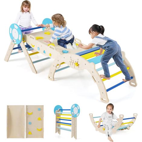 COSTWAY 7 in 1 Set da Arrampicata per Bambini, Giochi da Arrampicata con Scivolo, Scala e Arco, Set Montessori in Legno con Gioco del Labirinto, Pieghevole, 1 Anni + (Marinaio 3 pezzi, Macaron) (1/5)