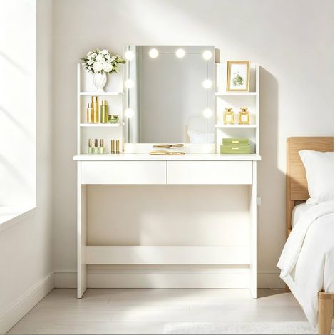 Schminktisch mit LED-Spiegel 2 Schubladen 90x40 cm OKMYHOME (1/4)