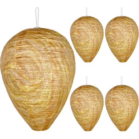 Lot de 5 nids de guêpes artificiels à suspendre, jaunes 22 x 28 cm, papier et fil, dissuasion jardin (1/5)