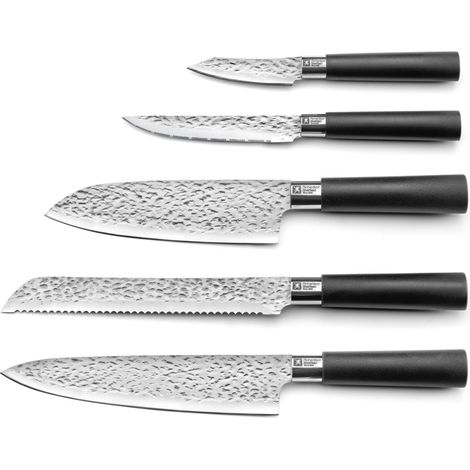 Set de 5 couteaux de cuisine Katana – Lames martelées pour coupe précise – Couteaux professionnels en acier inoxydable – Confort d'utilisation – Richardson Sheffield (1/4)