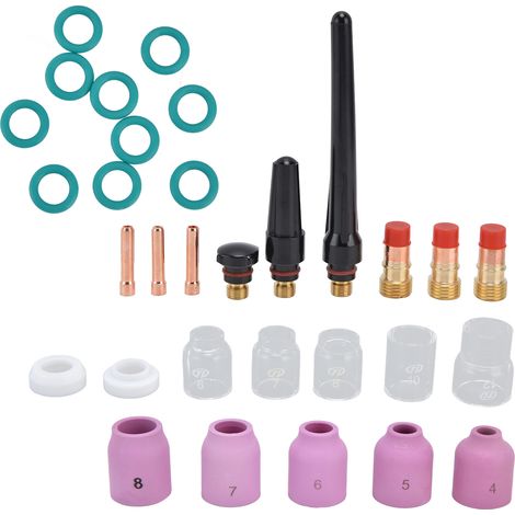 10-teiliges WIG-Schweißset für WP-17, WP-18, WP-26 Brenner: Düsen, Elektroden, Klemmen, Glasbecher, Unterlegscheiben und hintere Kappen, komplettes Verbrauchsmaterialset. (1/5)