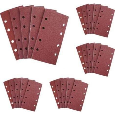 Papier abrasif pour ponceuse orbitale – 25 feuilles rectangulaires 93 x 185 mm, 8 trous, grain 40 à 240, corindon (1/4)