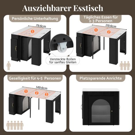 Île de cuisine sur roulettes, table extensible avec plateau amovible, chariot de service mobile avec prises électriques, idéal comme buffet, crédence ou bar pour cuisine et salle à manger (Noir) (1/5)