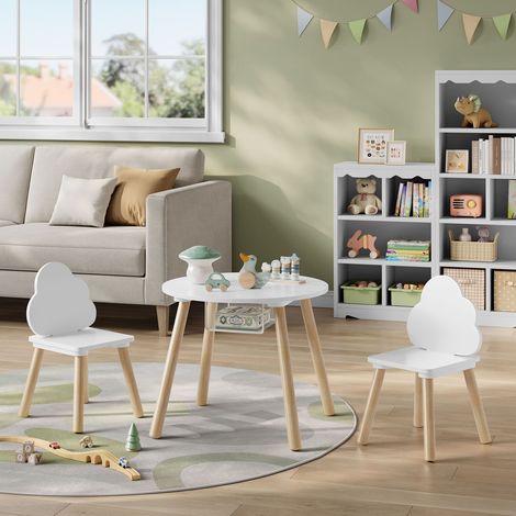WOLTU 3tlg. Kindersitzgruppe, Kindertisch mit 2 stühlen, mit Stauraum Netztasche, Kinderstuhl mit Wolken-Rückenlehne, Kindermöbel für Kleinkinder Vorschüler, Weiß (1/4)