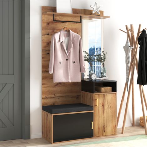 Garderoben-Set,mit 4 Kleiderhaken, Spiegel, Schuhschrank, Wandgarderobe, oberes Ablagefach, Flurgarderobe Sitzbank. (Not a one-piece product, requires drilling and punching holes in the wall) (1/5)