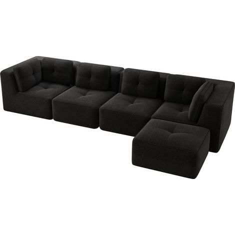 Sofá modular de salón sin estructura 4 plazas negro de pana con asiento profundo (1/5)