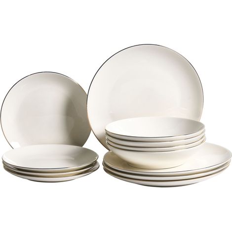 Set of 12 Dinnerware Off-White and Gold Decorative Edges Porcelain Transparent Glaze Finish Kitchen Dining Room CUMIN