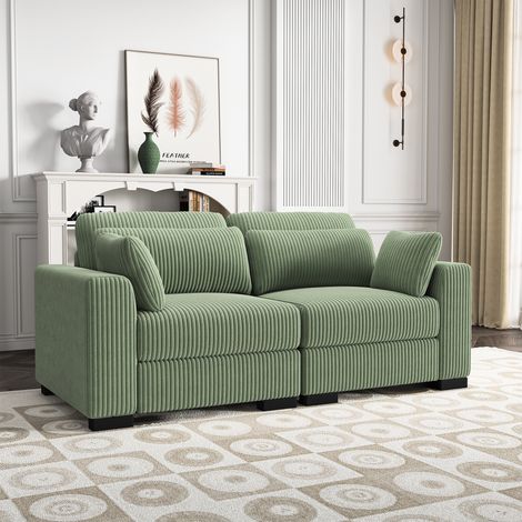2-Sitzer-Sofa – großes, bequemes Sofa aus Cord – mit 2 Kissen – gepolstertes gerades Sofa – Loveseat mit Armlehnen – 188x88x85 cm – Grün