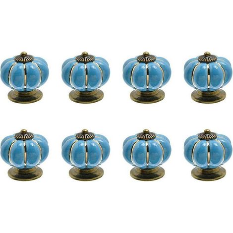 8 x Boutons de tiroir en céramique bouton de meuble forme citrouille pour tiroirs et placards de cuisine (Bleu)