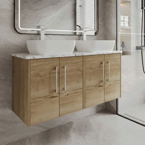 Hudson Reed Juno Wall Hung 4-Door Vanity Unit with Carrera Marble Worktop 1200mm Wide - Autumn Oak (1/4)
