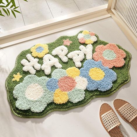 Frischer Blumenteppich, saugfähige, beflockte Badematte, rutschfest und fleckenabweisend – Happy Flower Forest