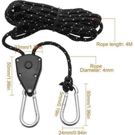 pair 2 Pièces Corde à Cliquet Réglable 4M, Poulie à Cliquet Noir 1/8 avec 2 Replacement Crochets, Tendeur de Corde à Cliquet Réfléchissante pour Lampe Plantes Tente Randonnée (1/5)