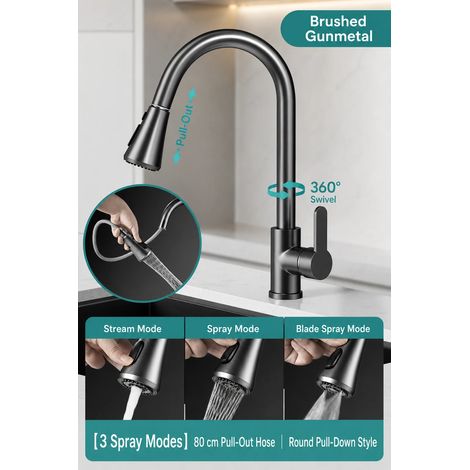 Robinet de cuisine extractible (rond, couleur canon de fusil) avec mitigeur eau chaude/eau froide à rotation 360° et double jet, en acier inoxydable, pour évier et accessoires de cuisine. (1/5)