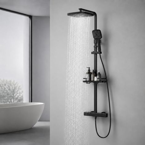 Système de douche avec thermostat et étagère de douche noir - Kit complet avec douchette et pommeau de douche - Hauteur réglable - Verrouillage de sécurité à 38 °C - Montage mural pour salle