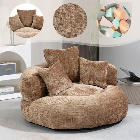 Fauteuil poire Lazy Sofa à dossier haut, chenille café, 3 coussins, adulte/enfant, intérieur/extérieur