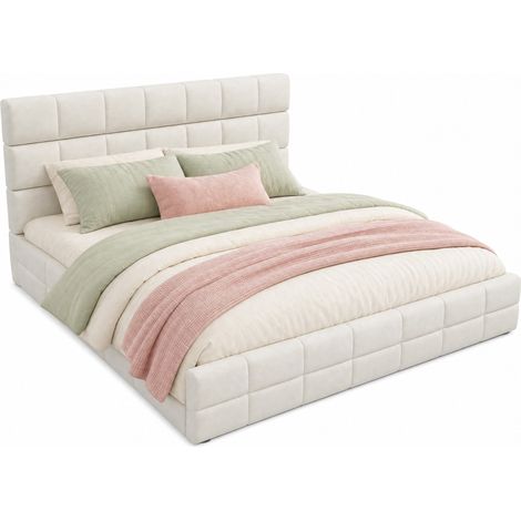 Lit plateforme rembourré 180 x 200 en velours beige avec tête de lit capitonnée, sommier à lattes respirant et structure MDF contreplaqué – CHICFURN (1/5)