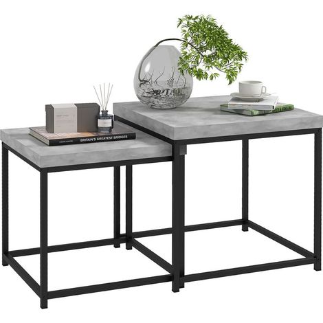 Set aus 2 Satztischen, quadratischen Couchtischen, Wohnzimmertischen, Stahlgestell und grauen Holzplatten (1/5)