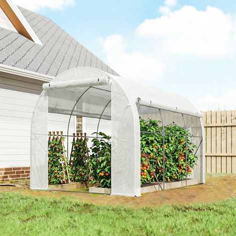 Serre de jardin 6 m² dim. 3 x 2 m avec 1 porte + 2 parois latérales zippées enroulables, 6 fenêtres, Blanc (1/5)