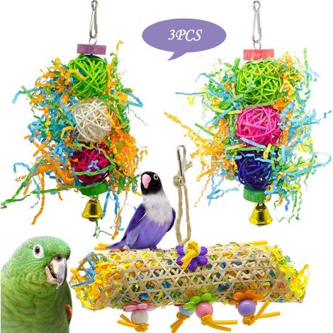Lot de 2 jouets à mâcher pour perroquets, jouets et accessoires pour cage, balle en rotin brossé, jouets en bois et herbe (1/5)