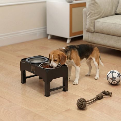 Gamelle chien réglable hauteur avec bol eau, 2 récipients inox pour chiens petits à grands, noir