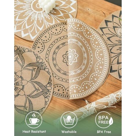Set mit 6 runden, waschbaren, geflochtenen PVC-Tischsets – Bohemian Chic-Muster (Mandala-Mix)