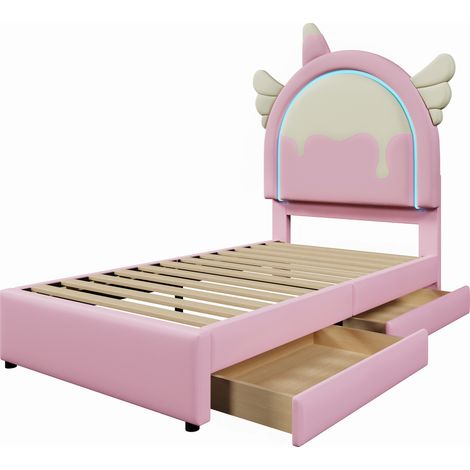 CAIziLit rembourré, 90 x 200 cm, sans matelas, avec bande lumineuse, lit avec 2 tiroirs, forme licorne, PU, rose (1/5)