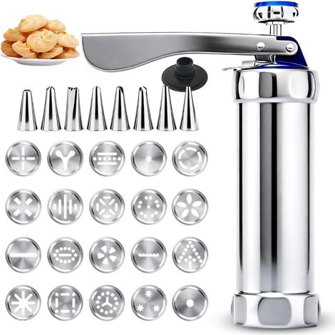 Seringue à pâtisserie en acier inoxydable, presse à gâteaux, seringue à biscuits Kexpress avec 20 pochoirs et 8 douilles en acier inoxydable, machine à gâteaux, presse à pâtisserie