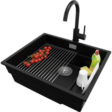 PRIMAGRAN Evier Cuisine en Granit 56x47cm, Lavabo 1 bac + Robinet 32x20cm + Kit de Vidage + Accessoire, Évier à Encastrer au meuble 60cm - Prague Slim, Noir (1/5)