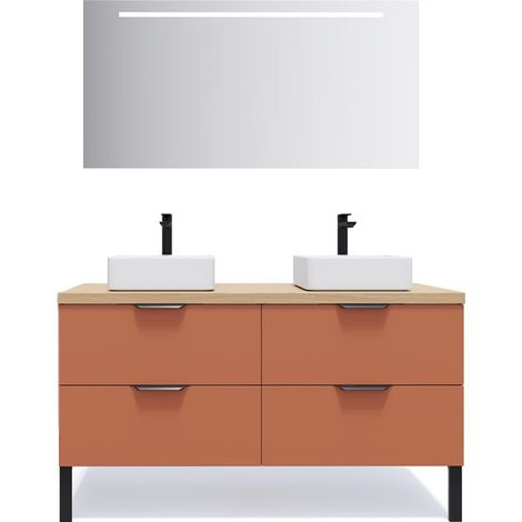 Meuble de salle de bain suspendu 2 vasques à poser 140cm 4 tiroirs Terracotta + miroir - Soho (1/5)