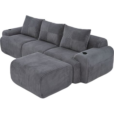 Sofá modular de 3 plazas de terciopelo gris oscuro con puf, portavasos y bolsillo lateral (1/5)