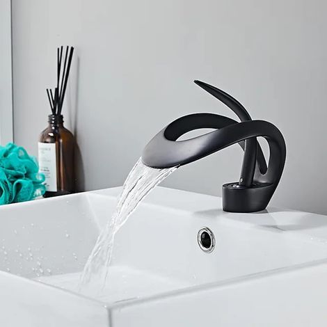 (Noir) Robinet Cascade Salle De Bain, Mitigeur Lavabo Avec Valve En Céramique Monocommande Chaude Et Froide Réglable (1/5)