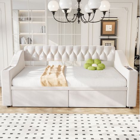 letto contenitore 90x190 con USB e cassetti beige OKMYHOME (1/5)