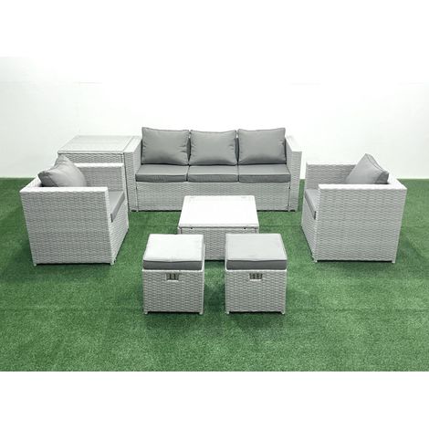 Fimous 7 places Salon de jardin avec Canapé 3 places 2 Chaise Table basse carrée 2 Petits tabourets Table d'appoint Gris clair mixte (1/5)