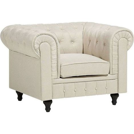 Fauteuil en Tissu Beige Dossier à Points Diamant Style Classique Chesterfield
