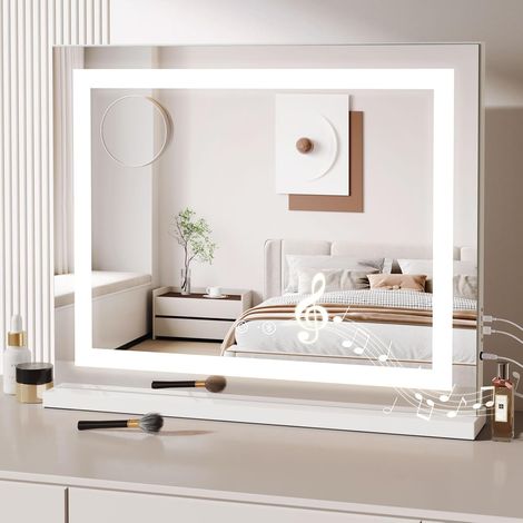 Dripex Miroir Maquillage Lumineux 58 x 48cm, Miroir Hollywood LED Bluetooth avec Contrôle Tactile, 3 Modes Luminosité, pour Table et Mur, Type C et USB - Blanc